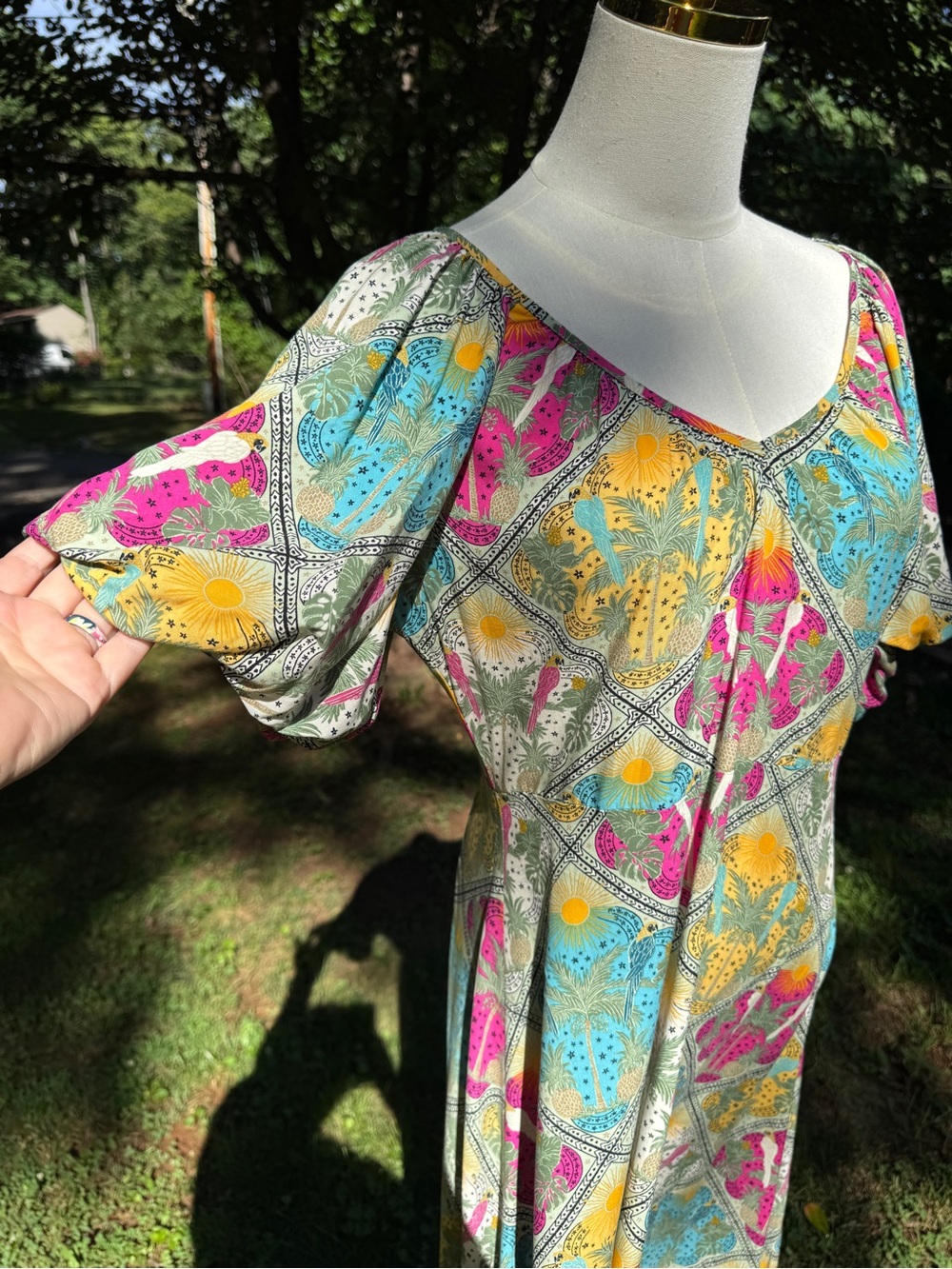 LOFT Floral Puff Sleeve V-Neck Swing Midi Dress Size 4 Vacation Resort Cruise - Picture 6 of 17
